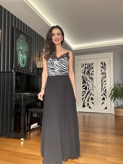 Siyah Beli Lastikli Şifon Piliseli  Maxi Etek