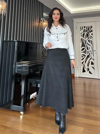 Siyah Beli Lastikli Süet Çan Etek