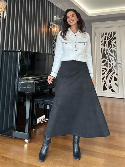 Siyah Beli Lastikli Süet Çan Etek
