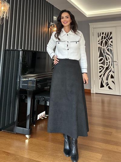 Siyah Beli Lastikli Süet Çan Etek