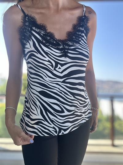 Siyah Beyaz Zebra Desenli Askılı Bluz