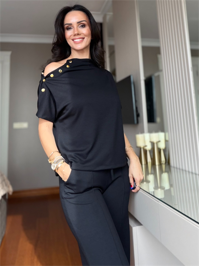 Siyah Çıtçıtlı Bluz Beli Lastikli Çımalı Pantolon Takım