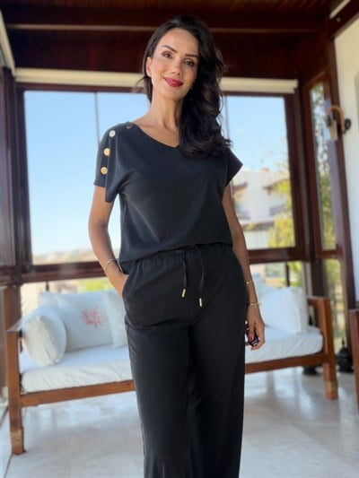 Siyah Gold Detaylı Tensel Bluz  Pantolon Takım