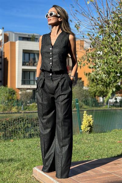 Siyah Gümüş Sim Çizgili Palazzo Pantolon