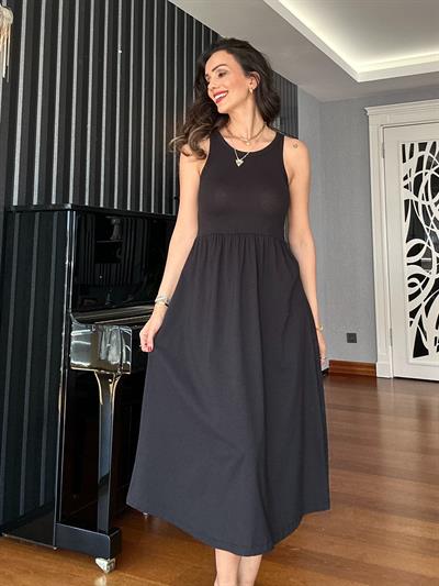 Siyah Halter Kesim Midi Elbise