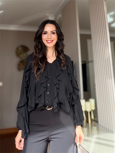 Siyah Katlı Volanlı Gömlek