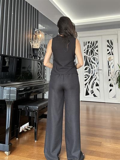 Siyah Keten Pantolon Anvelop Yelek Takım 