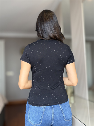 Siyah Komple Taşlı Modal Tişört