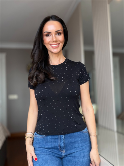 Siyah Komple Taşlı Modal Tişört