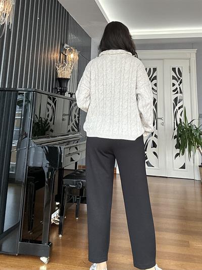 Siyah Likralı Beli Lastikli Paçası Düğmeli Modal Pantolon
