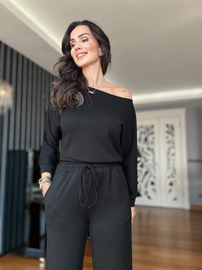 Siyah Modal Kayık Yaka Bluz Pantolon Takım
