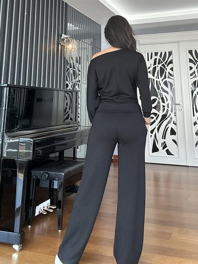 Siyah Modal Kayık Yaka Bluz Pantolon Takım