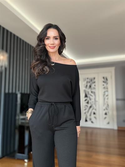 Siyah Modal Kayık Yaka Bluz Pantolon Takım