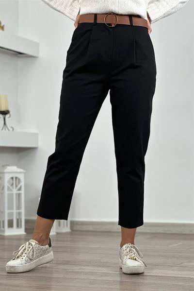 Siyah Mom Pileli Kemerli Gabardin Pantolon