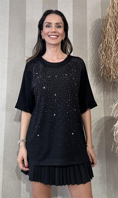Siyah Önü Komple Taşlı Tişört