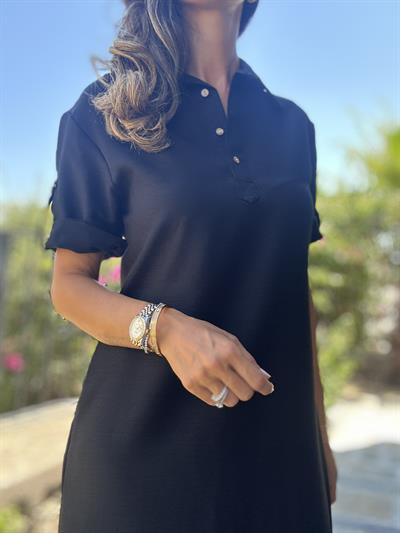 Siyah Polo Yaka Midi Elbise