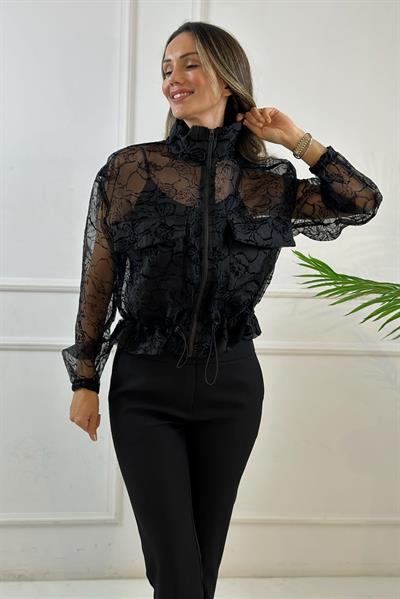 Siyah Şifon Kendinden Desenli Organze Ceket