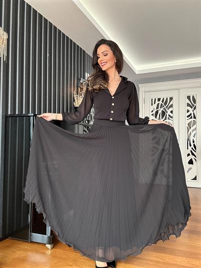 Siyah Şifon Piliseli  Maxi Etek
