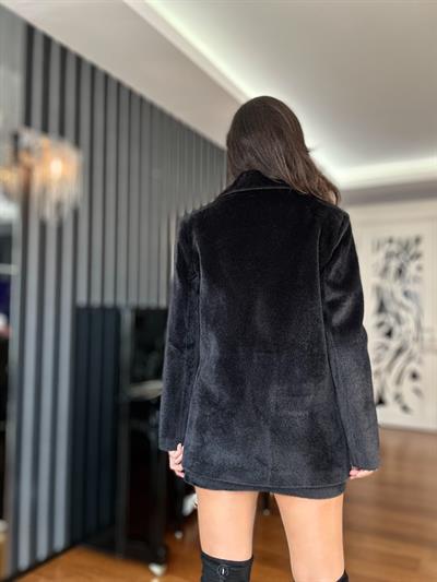 Siyah Tüylü Kaşe Oversize Ceket