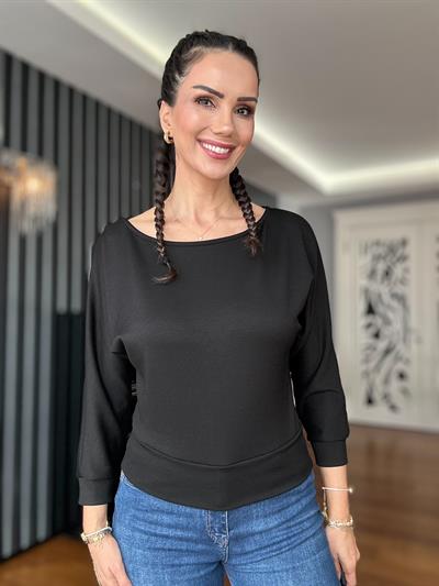 Siyah Uzun Kollu Geniş Yaka Bluz