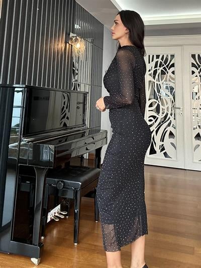 Siyah Uzun Kollu Taşlı Tül Elbise