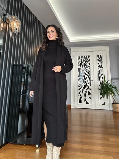 Siyah Uzun Triko Elbise Hırka Takım