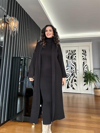 Siyah Uzun Triko Elbise Hırka Takım