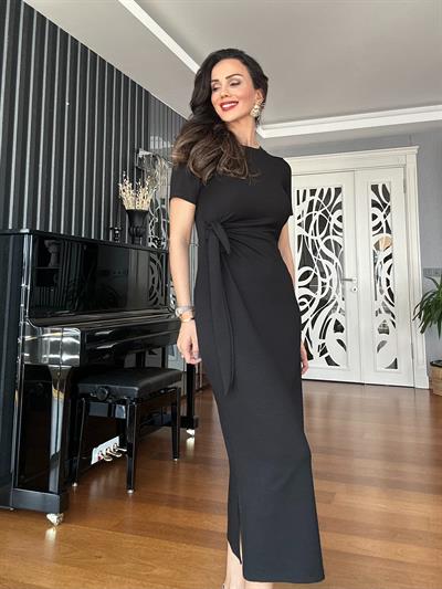 Siyah Yandan Bağlamalı Modal Elbise