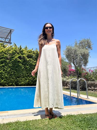 Su Yeşili Askılı Tencel Elbise