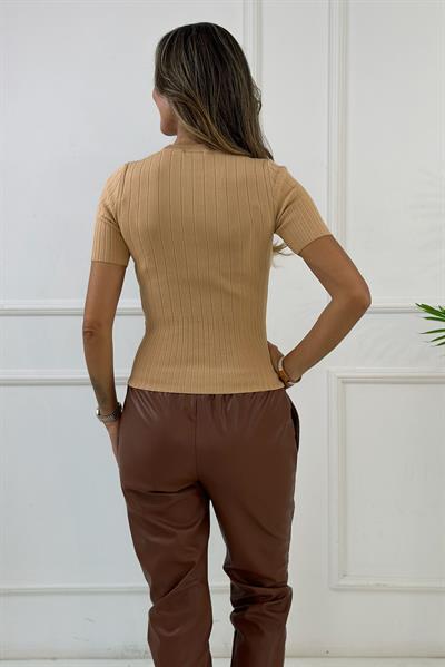 Taba Beli Lastikli İçi Şardonlu Rahat Kesim Suni Deri Pantolon