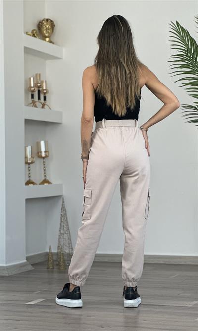 Taş Beli Lastikli Kemerli Gabardin Kargo Pantolon