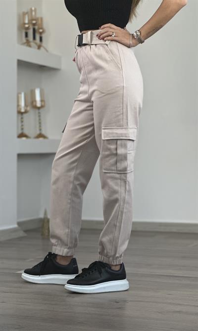 Taş Beli Lastikli Kemerli Gabardin Kargo Pantolon