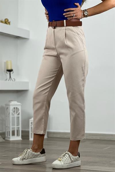 Taş Mom Pileli Kemerli Gabardin Pantolon