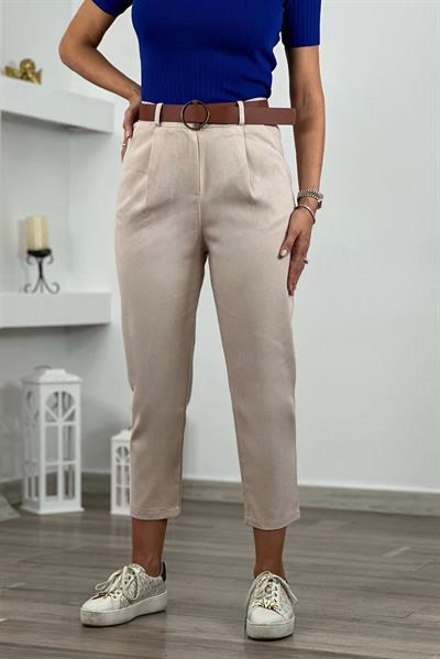 Taş Mom Pileli Kemerli Gabardin Pantolon