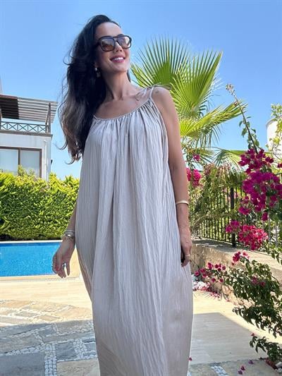 Taş Rengi Geniş Kesim Askılı Maxi Elbise 