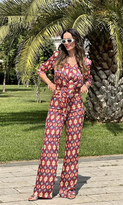 Turuncu Saten Bluz Pantolon Takım