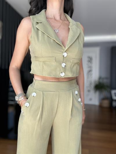 Yeşil Crop Yelek Palazzo Pantolon Takım 