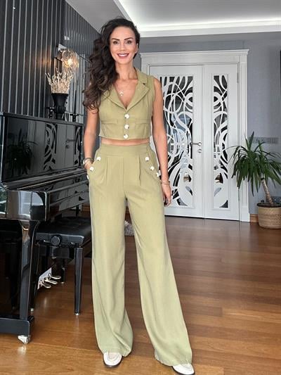 Yeşil Crop Yelek Palazzo Pantolon Takım 