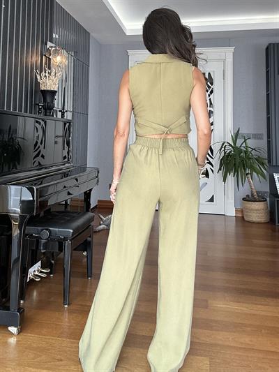 Yeşil Crop Yelek Palazzo Pantolon Takım 
