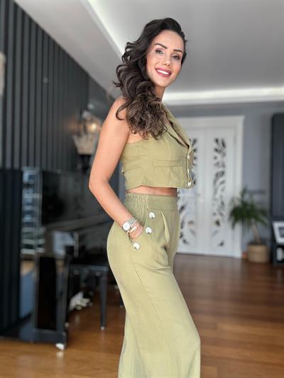 Yeşil Crop Yelek Palazzo Pantolon Takım 
