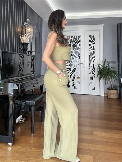 Yeşil Crop Yelek Palazzo Pantolon Takım 