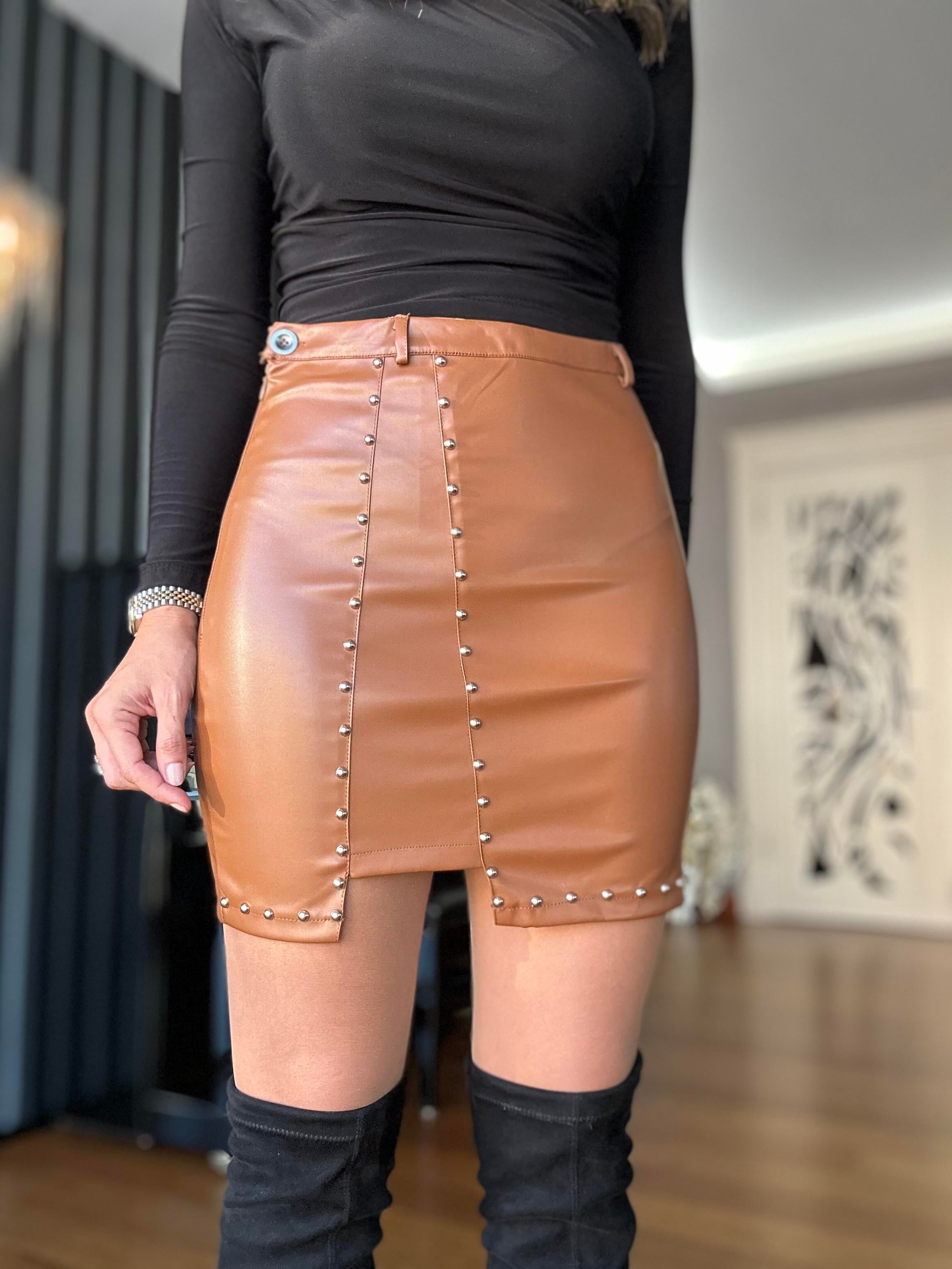 Tan Studded Design Leather Skirt - Atelier Derin