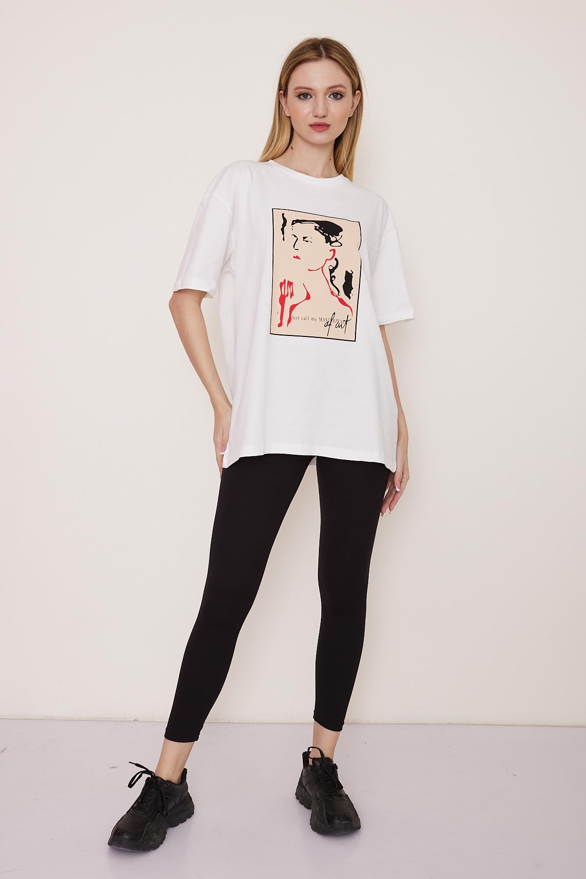 Beyaz oversize baskılı pamuk t-shirt - Charamela