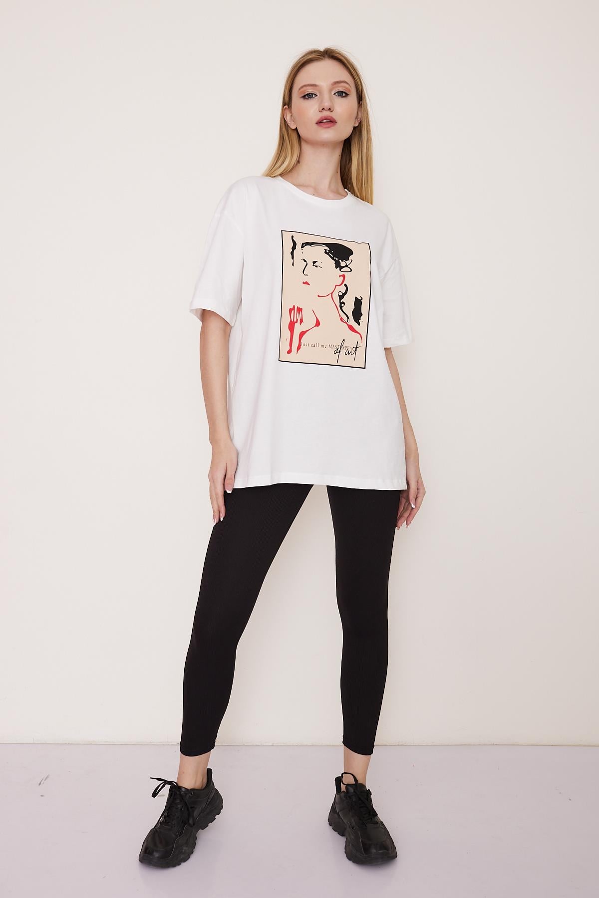 Beyaz oversize baskılı pamuk t-shirt - Charamela