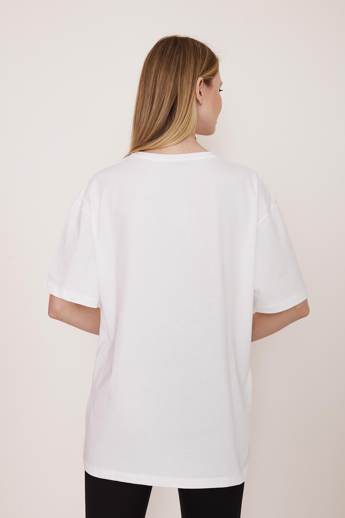 Beyaz oversize baskılı pamuk t-shirt - Charamela