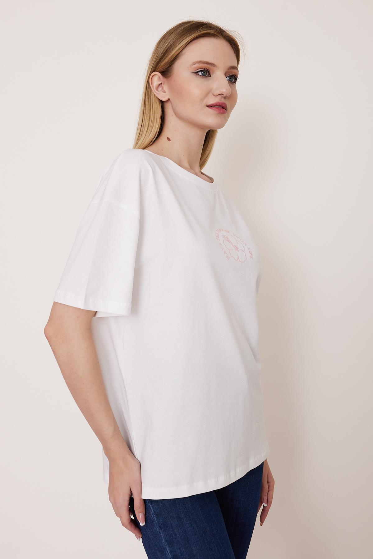 Beyaz oversize nakışlı pamuk t-shirt - Charamela