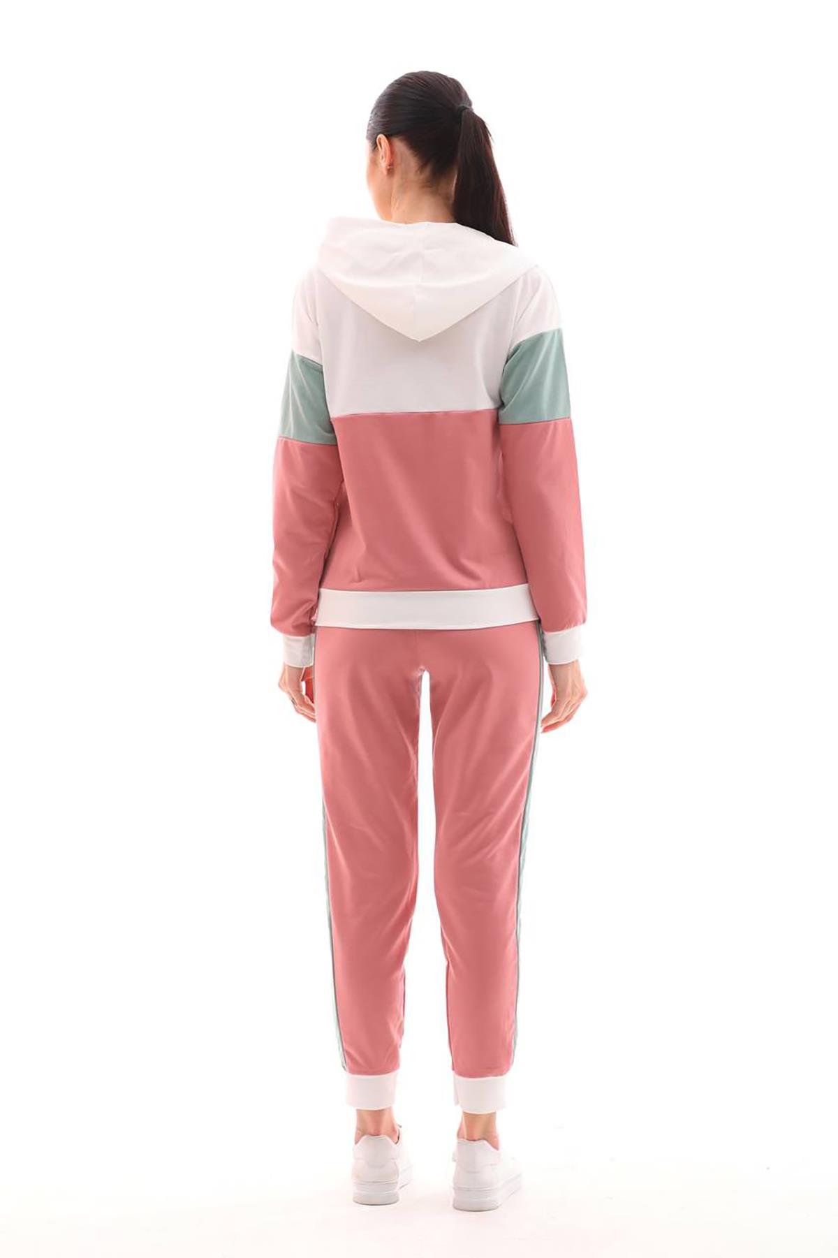 Beyaz pembe mint colour block iki iplik eşofman seti - Charamela