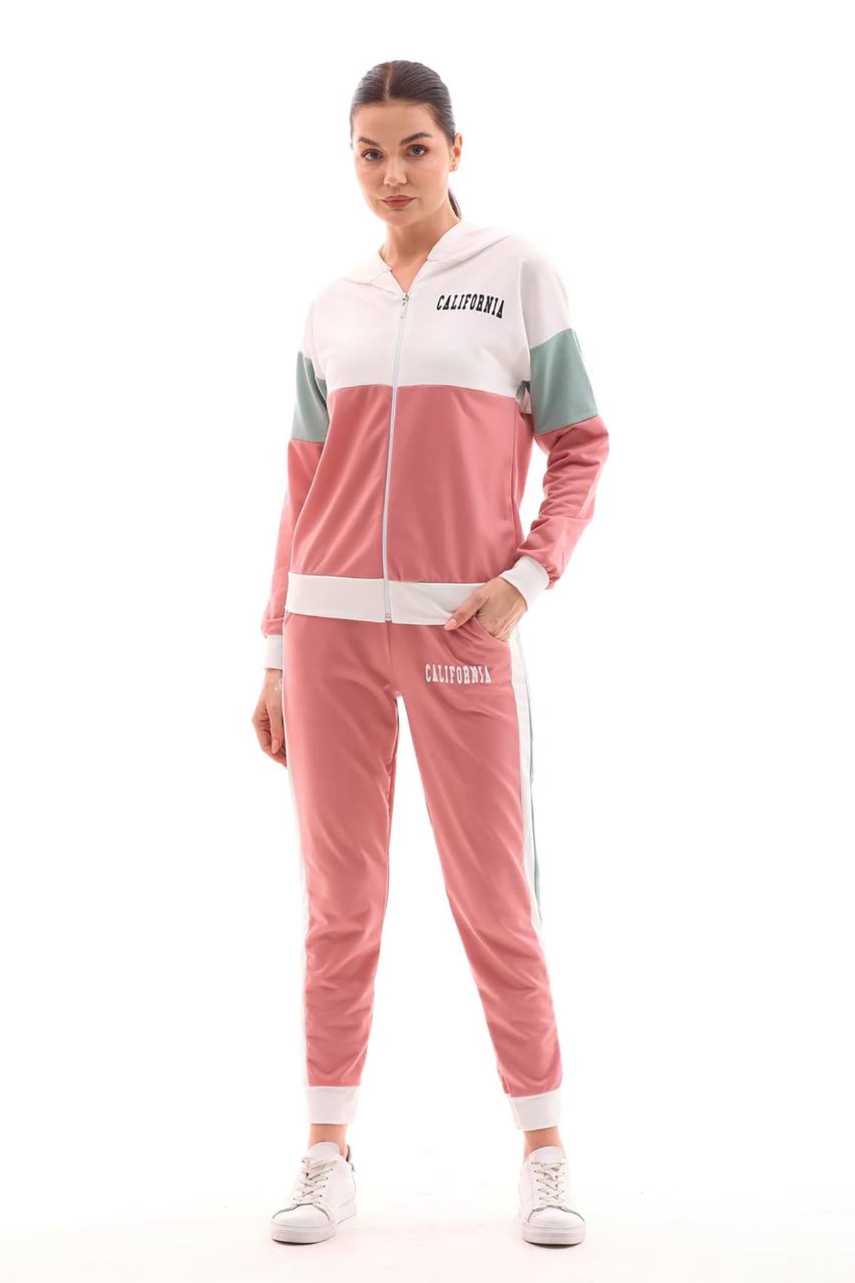 Beyaz pembe mint colour block iki iplik eşofman seti - Charamela