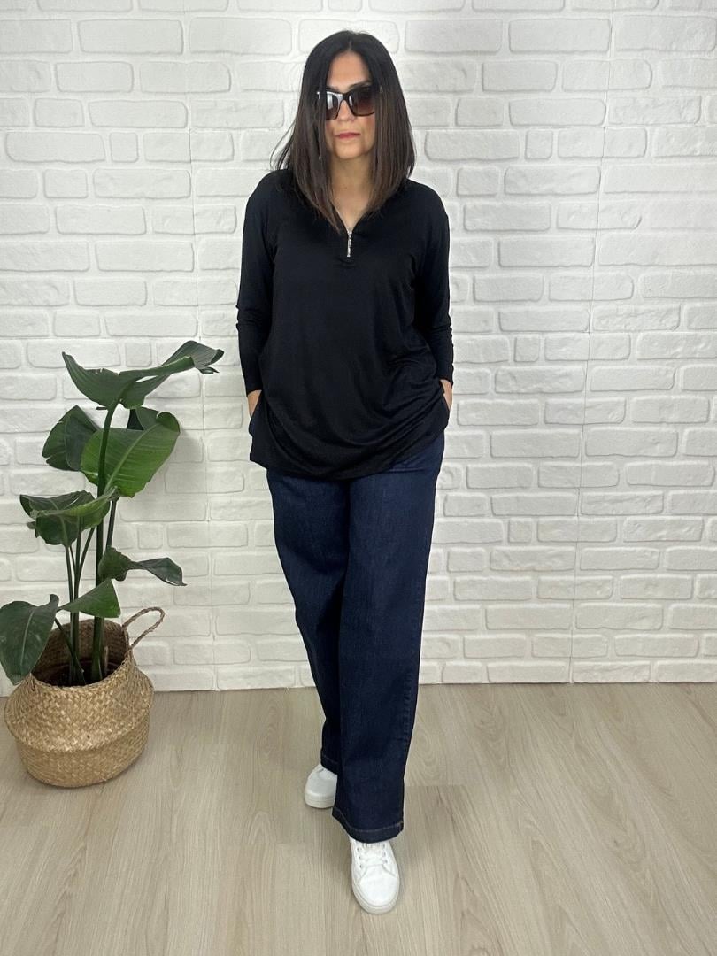 Büyük Beden Beli Lastikli  Bol Paça Yüksek Belli Yumuşak Doku Jeans Kot Pantolon-BGP82