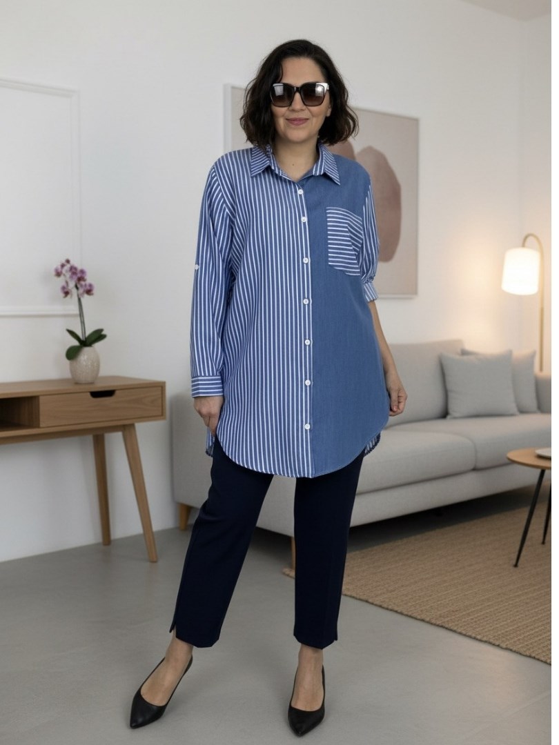 Büyük Beden Dokuma Kumas Denim Detaylı Çizgili Gömlek-bgg54